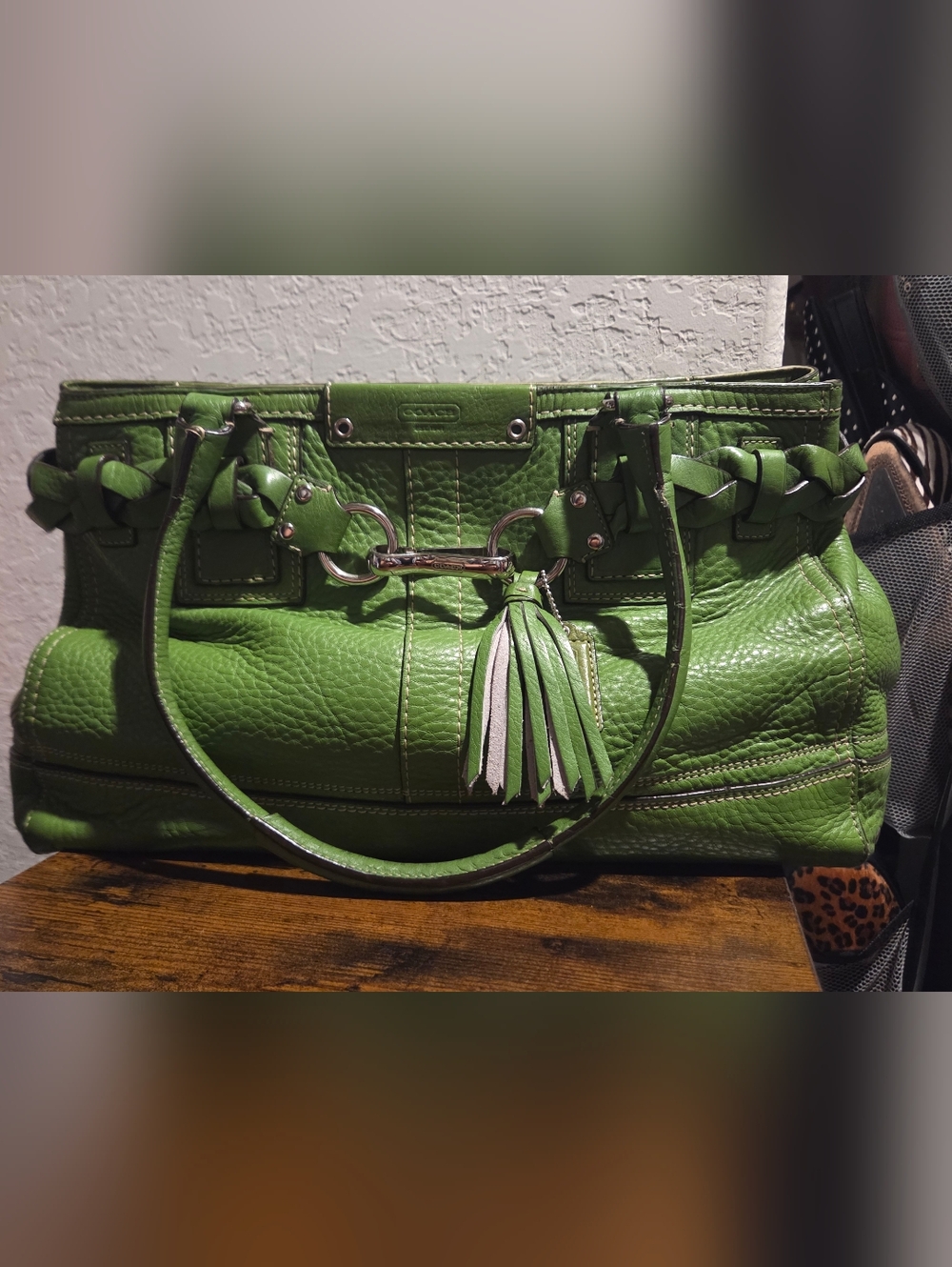 Coach Hampton Green Leather Tassel Shoulder Bag with Silver Hardware 2008